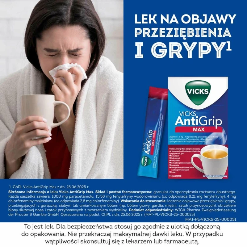 Vicks AntiGrip Max granulat do sporządzania roztworu doustnego, 14 saszetek - Do stosowania  leczeniu objawowym infekcji, takich jak grypa i przeziębienie - 1