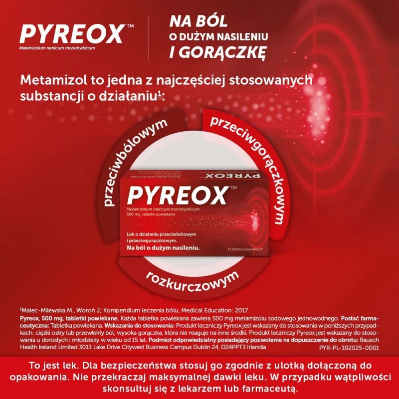 Pyreox 500 mg, 12 tabletek - Lek o działaniu przeciwbólowym, przeciwgorączkowym i rozkurczowym  - 2