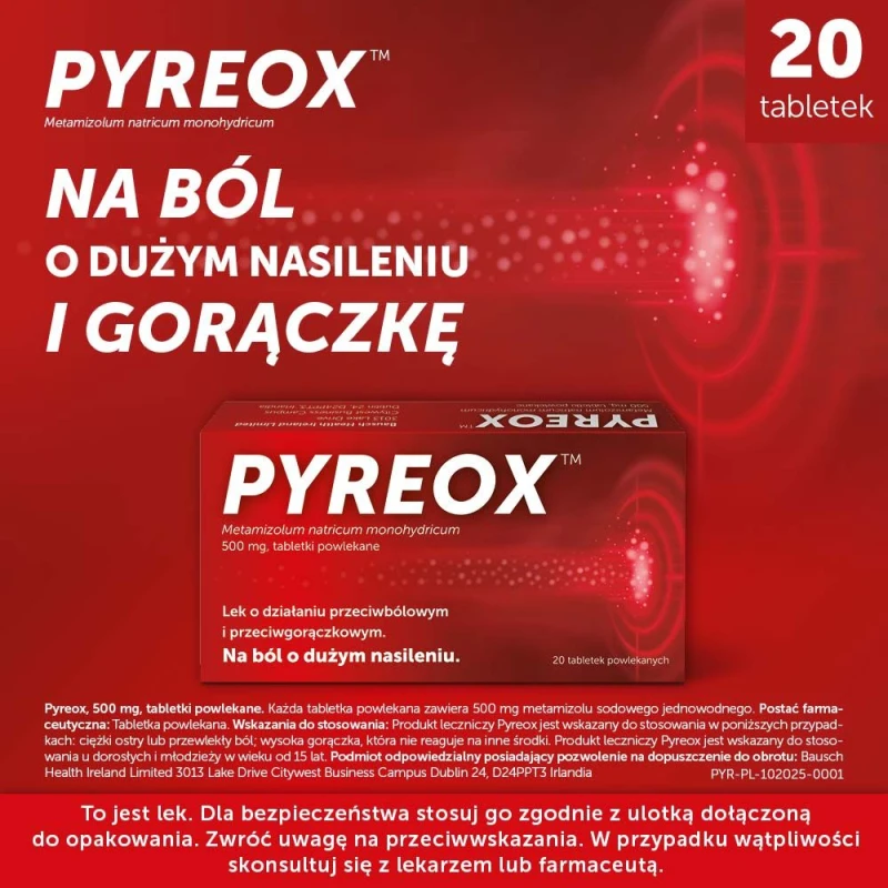 Pyreox, 500 mg, 20 tabletek - Lek o działaniu przeciwbólowym, przeciwgorączkowym i rozkurczowym - 1