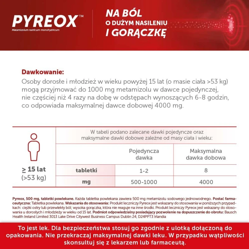 Pyreox, 500 mg, 20 tabletek - Lek o działaniu przeciwbólowym, przeciwgorączkowym i rozkurczowym - 6