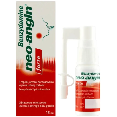Neo-angin Benzydamine Forte aerozol do stosowania w jamie ustnej, 15 ml - Do stosowania w objawowym miejscowym leczeniu ostrego bólu gardła - 1