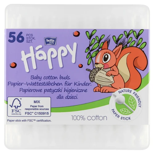 Bella Baby Happy Papierowe patyczki higieniczne dla dzieci, 56 sztuk - Patyczki higieniczne z ogranicznikiem - 1