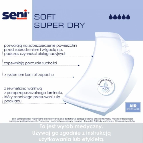 Seni Soft Super Dry 90 cm x 60 cm Podkłady higieniczne, 15 sztuk - Szybko pochłaniają wilgoć i chronią przed przeciekaniem - 1