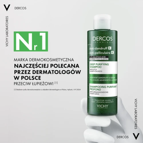 Vichy Dercos Anti Dandruff K oczyszczający szampon przeciwłupieżowy, 250 ml - Eliminuje widoczny łupież i nadmierny łojotok, koi skórę głowy - 1