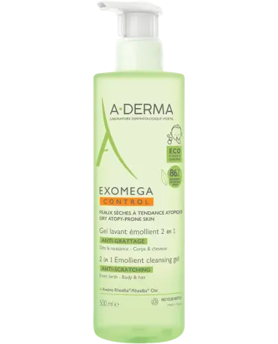 A-Derma Exomega Control Żel emolient do mycia 2w1, 500 ml - Oczyszcza skórę i łagodzi podrażnienia, zmniejszaj odruch drapania