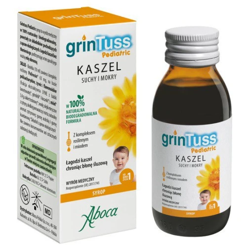 Aboca GrinTuss Pediatric syrop, 180g - Z babką lancetowatą, miodem i kocanką na suchy i mokry kaszel