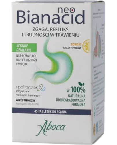 Aboca NeoBianacid smak cytrynowy, 14 tabletek do ssania - Naturalny preparat, łagodzi objawy refluksu i zgagi