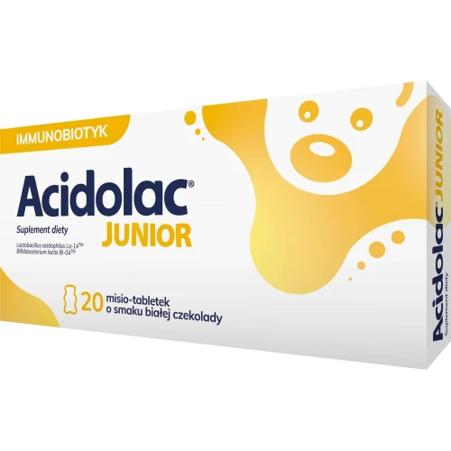 Acidolac Junior, biała czekolada, 20 misio-tabletek - Suplement diety z bakteriami probiotycznymi. Dla dzieci powyżej 3. roku życia