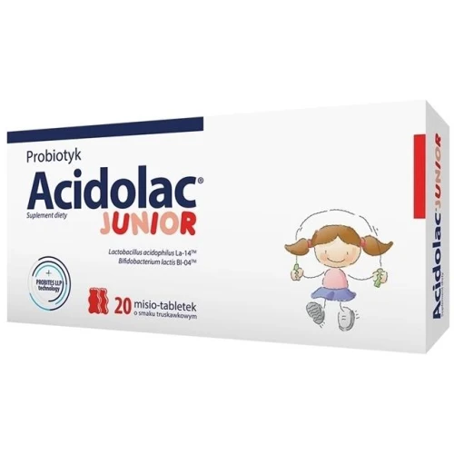 Acidolac Junior truskawkowy, 20 misio-tabletek - Synbiotyk dla dzieci wzbogacony o witaminę B6