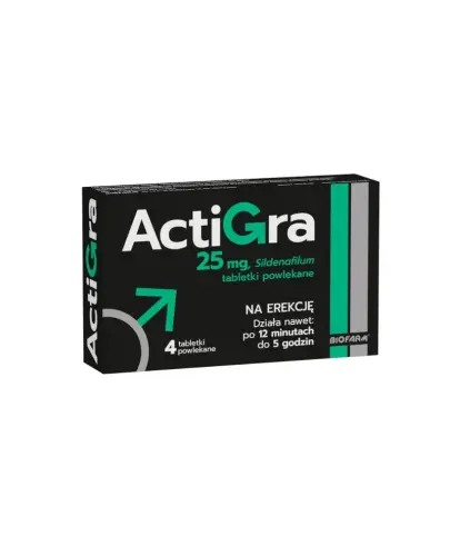 Actigra 25 mg, 4 tabletki powlekane - Każda tabletka powlekana zawiera 25 mg syldenafilu (sildenafilum)