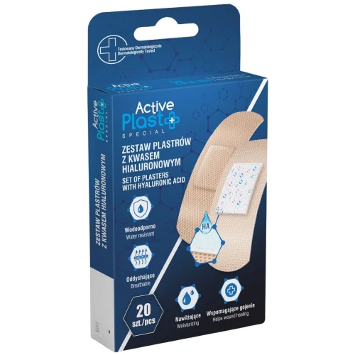 Active Plast Special zestaw z kwasem hialuronowym, 20 plastrów - Wspomagają proces gojenia ran