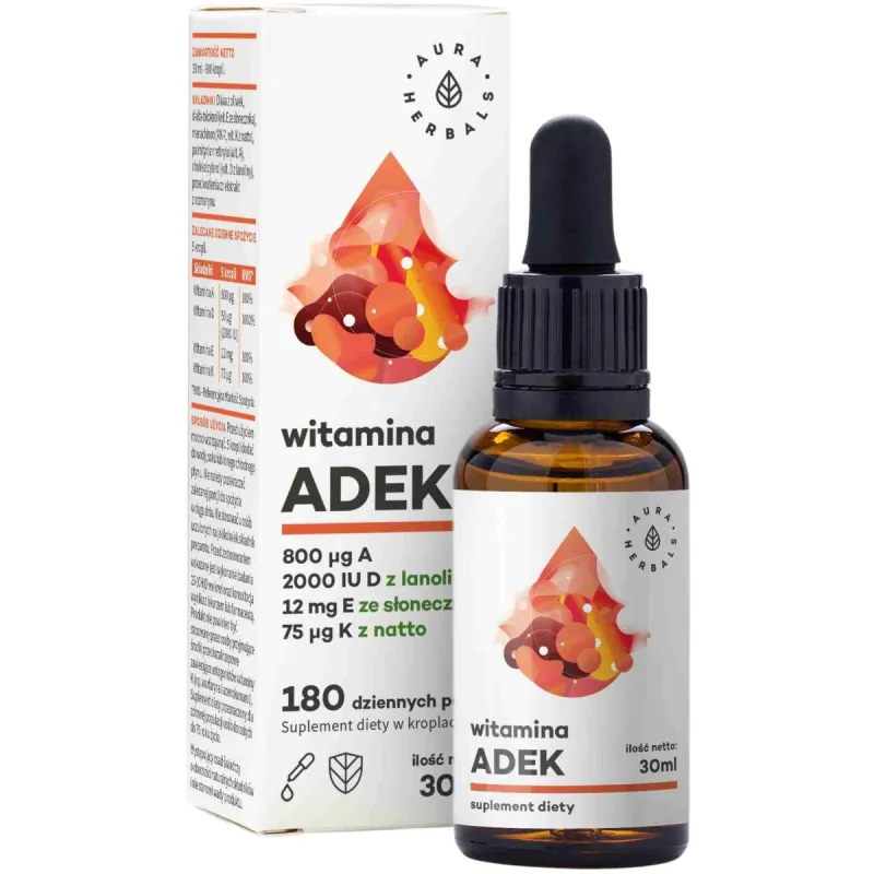 Aura Herbals Witamina ADEK, A + D3 2000 IU + E + K2, 30 ml - Kompleks witamin rozpuszczalnych w tłuszczach A+D+E+K