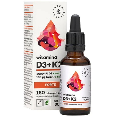 Aura Herbals Witamina D3 4000 IU + K2 Forte, 30 ml - Naturalna witamina D z lanoliny i K z natto, 4000 IU w dziennej porcji