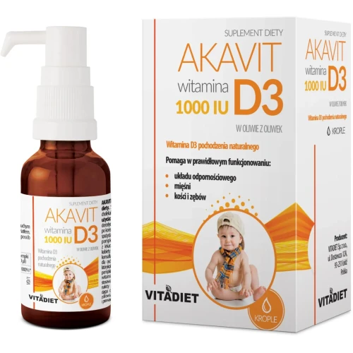 Vitadiet Akavit Witamina D3 1000 IU, krople 29,4 ml - Z naturalną witaminą D z lanoliny 