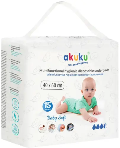 Akuku Podkład jednorazowy Baby Soft 40 x 60 cm, 15 sztuk - Podkłady z wysoko chłonnym wkładem