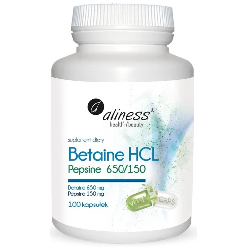 Aliness Betaine HCL Pepsine 650/150 mg, 100 kapsułek - Wsparcie trawienia i pracy wątroby