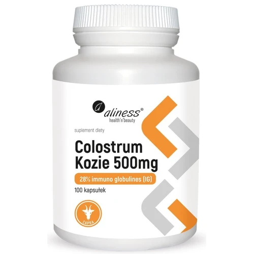 Aliness Colostrum kozie 28% IG 500 mg, 100 kapsułek - Suszona siara kozia zawiera immunoglobuliny o właściwościach wzmacniających odporność