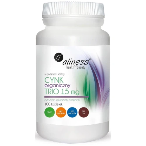 Aliness Cynk Organiczny Trio 15 mg, 100 tabletek - Z cytrynianem, glukonianem i pikolinianem cynku