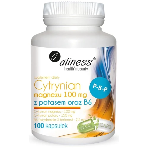 Aliness Cytrynian Magnezu 100 mg z potasem oraz B6, 100 kapsułek - Magnez w formie bezwodnej z aktywną formą witaminy B6
