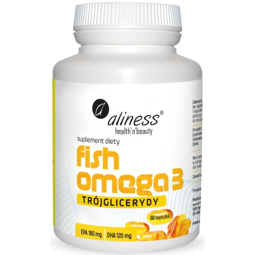 Aliness Fish Omega 3, trójglicerydy 180/120 mg, 60 kapsułek - Olej rybi,  bogaty w naturalne, niezbędne kwasy omega 3