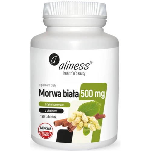 Aliness Morwa biała 4:1 z cynamonowcem i chromem 500 mg, 180 tabletek -  Pomagają utrzymać prawidłowy poziom cukru