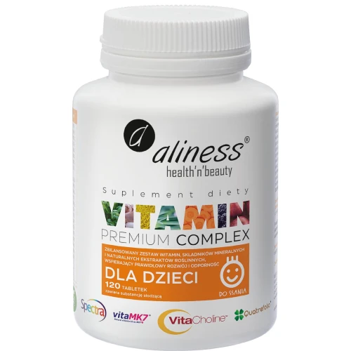 Aliness Vitamin Premium Complex dla dzieci, bez cukru, 120 tabletek do ssania - Wsparcie prawidłowego rozwoju i odporności