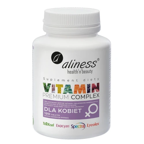 Aliness Vitamin Premium Complex dla kobiet, 120 tabletek -  Kompleks witamin oraz standaryzowane ekstrakty roślinne i kwas hialuronowy