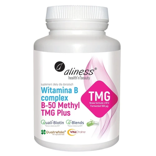 Aliness Witamina B Complex B-50 Methyl TMG PLUS, 100 kapsułek - Witaminy z grupy B wzbogacone o taurynian magnezu