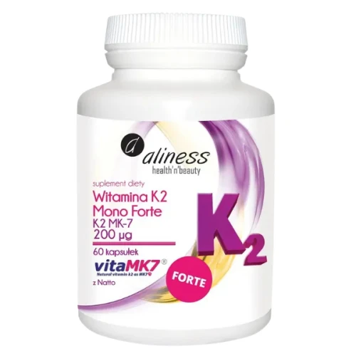 Aliness Witamina K2 FORTE MK-7 200 µg z Natto + D3, 60 kapsułek - Wysoka zawartość witaminy D w 1 kapsułce