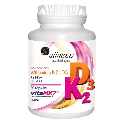 Aliness Witamina K2 MK-7 100 µg z Natto + D3, 60 kapsułek - Wysoka zawartość witaminy D w 1 kapsułce