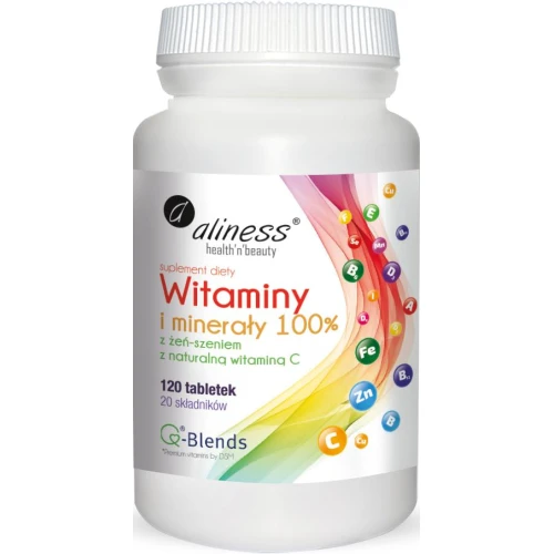 Aliness Witaminy i minerały 100%, 120 tabletek - Wzbogacony żeń-szeniem oraz  naturalną witaminą C 