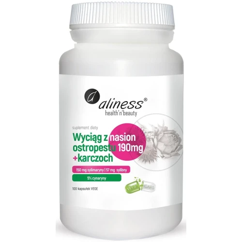 Aliness Wyciąg z Nasion Ostropestu 190 mg + Karczoch, 100 kapsułek - Wsparcie trawienia i  funkcjonowania wątroby