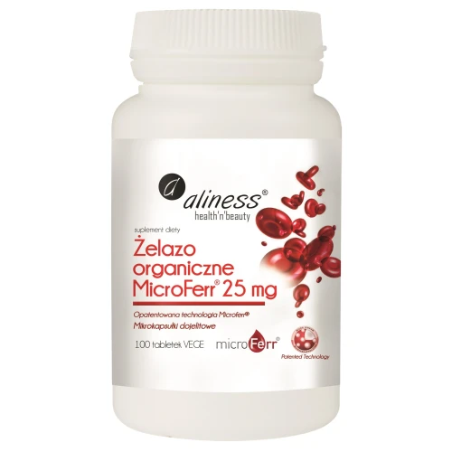 Aliness Żelazo organiczne MicroFerr® 25 mg, 100 tabletek - Żelazo z witaminą C dla dorosłych