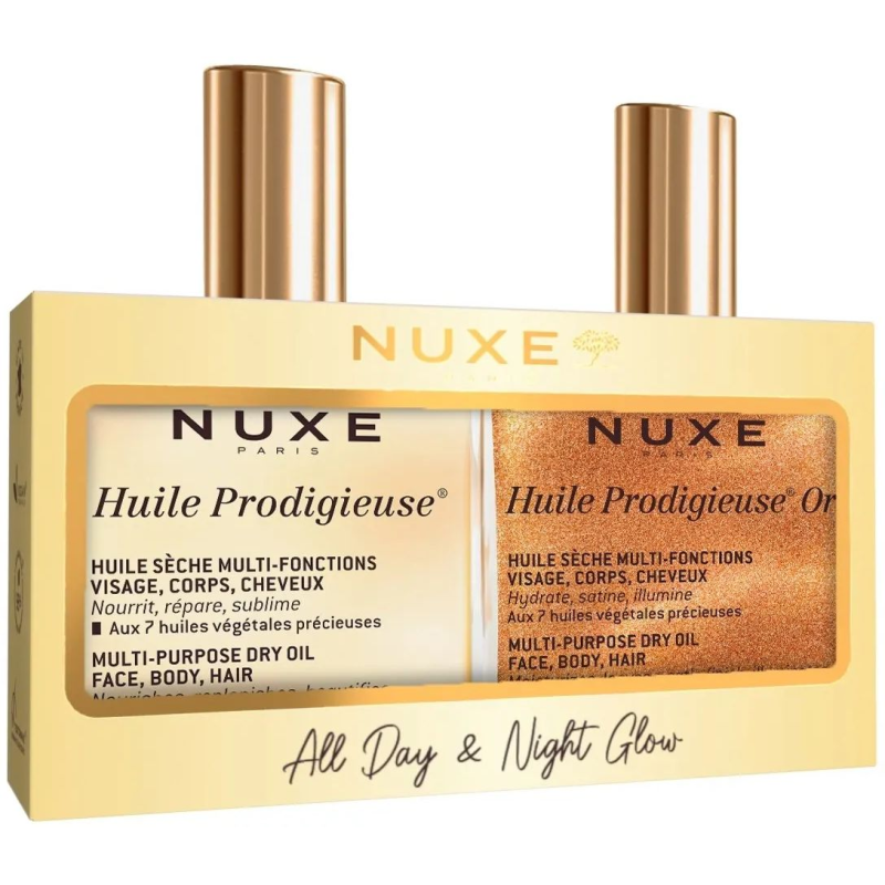 Nuxe All Day & Night Glow Zestaw - Suchy Olejek, 100 ml + Suchy olejek z drobinkami złota, 100 ml - Rozświetlenie twarzy, ciała i włosów