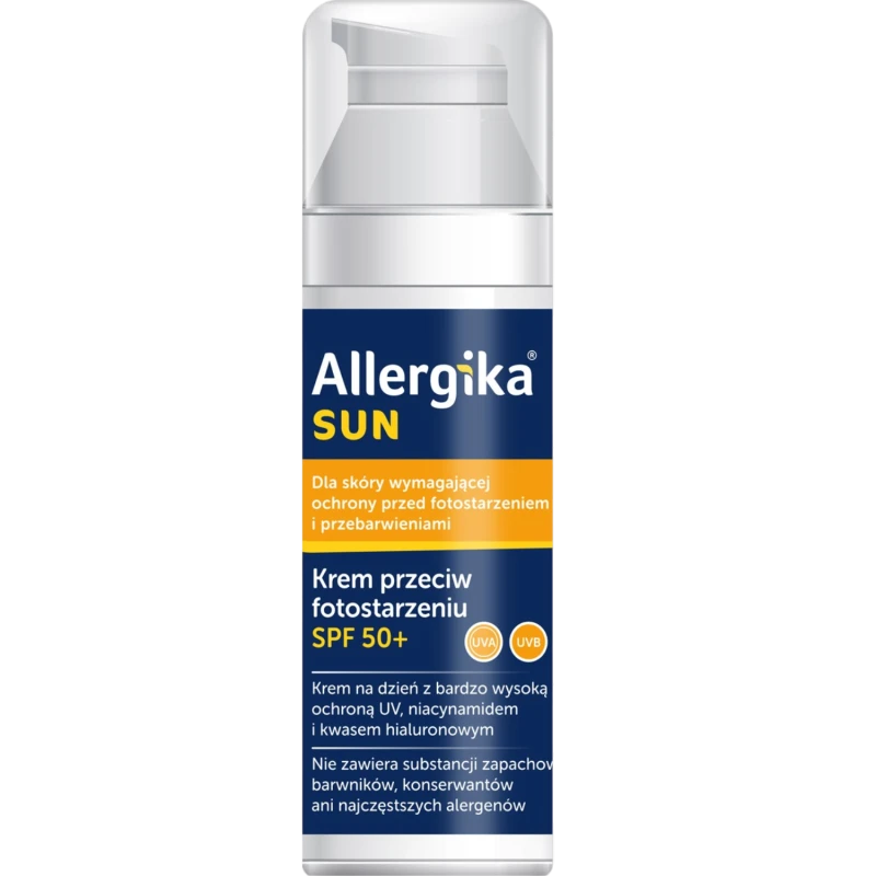 Allergika Sun SPF 50+, krem przeciw fotostarzeniu, 50 ml - Nietłusty krem przeciwsłoneczny do cery suchej i wrażliwej
