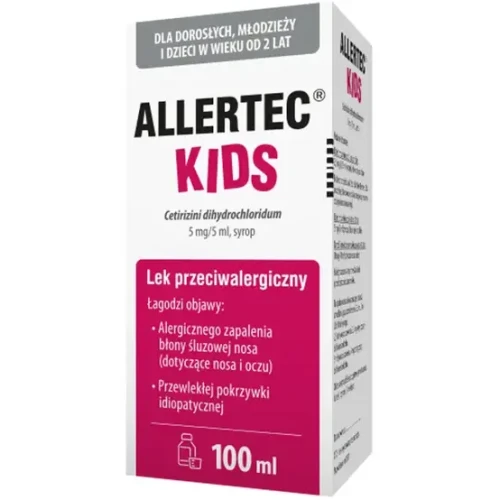 Allertec Kids, 5 mg/5 ml, syrop 100 ml - Łagodzi objawy pokrzywki oraz alergicznego zapalenia błony śluzowej nosa i oczu