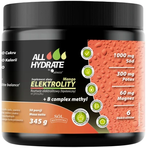 ALLHydrate, Elektrolity Mango + B complex methyl, 345 g - Hipotoniczny napój elektrolitowy z aktywnymi witaminami z grupy B