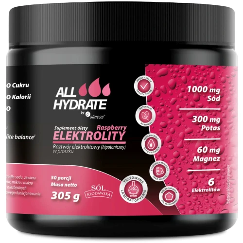 ALLHydrate Elektrolity Raspberry, 305 g - Hipotoniczny napój elektrolitowy o smaku malinowym