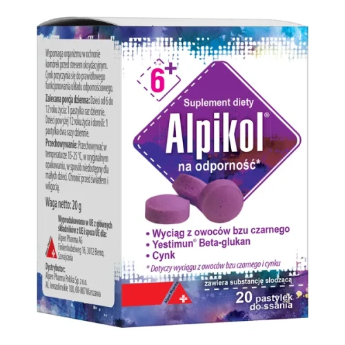 Alpikol, 20 pastylek do ssania - Z wyciągiem z owoców czarnego bzu, beta-glukanem oraz cynkiem