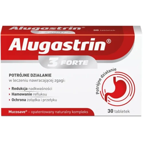 Alugastrin 3 Forte, 30 tabletek - Z naturalnym kompleksem, który chroni błonę śluzową. Leczy objawy zgagi, zapobiega cofaniu się kwaśnej treści żołądka.