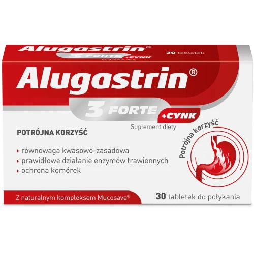 Alugastrin 3 Forte + Cynk, 30 tabletek - Potrójne wsparcie trawienia i równowagi kwasowo-zasadowej