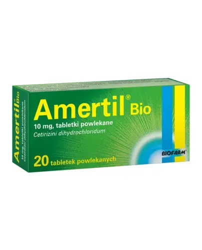 Amertil Bio 10 mg, 20 tabletek powlekanych - Na objawy alergii u  dorosłych i dzieci w wieku powyżej 6 lat 