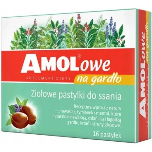 Amolowe Na Gardło, 16 ziołowych pastylek do ssania - Z prawoślazem, tymiankiem i mentolem