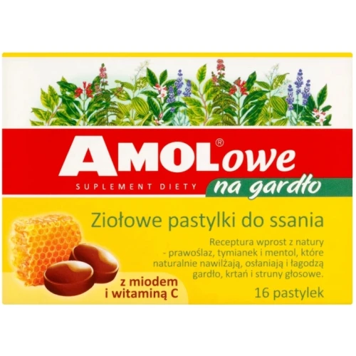 Amolowe na gardło z miodem i witaminą C, 16 pastylek do ssania - Z tymiankiem i korzeniem prawoślazu, nawilżają i koją gardło
