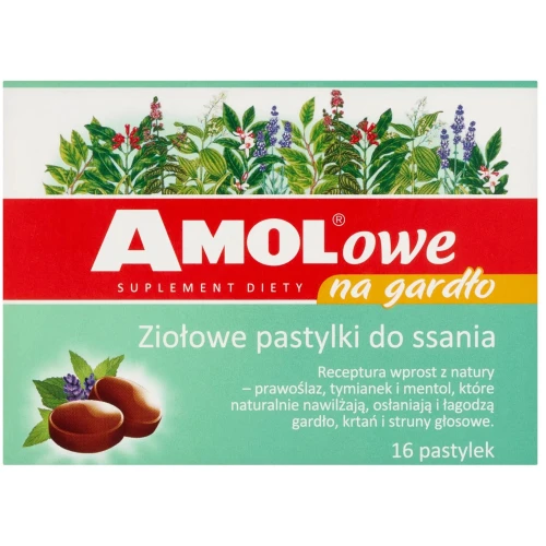 Amolowe na gardło z mentolem, 16 pastylek do ssania  - Suplement diety z tymiankiem, korzeniem prawoślazu 