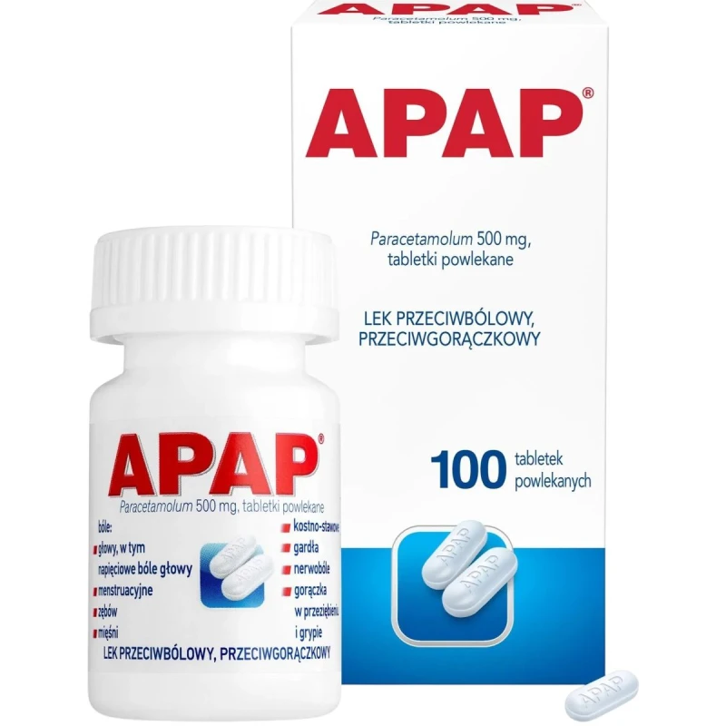 APAP 500 mg, 100 tabletek powlekanych - Z paracetamolem, na ból różnego pochodzenia