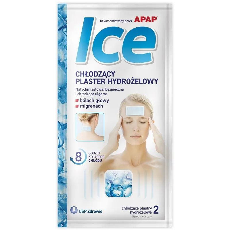 APAP Ice, 2 plastry hydrożelowe chłodzące - Okład z mentolem, ulga  przy bólu głowy.