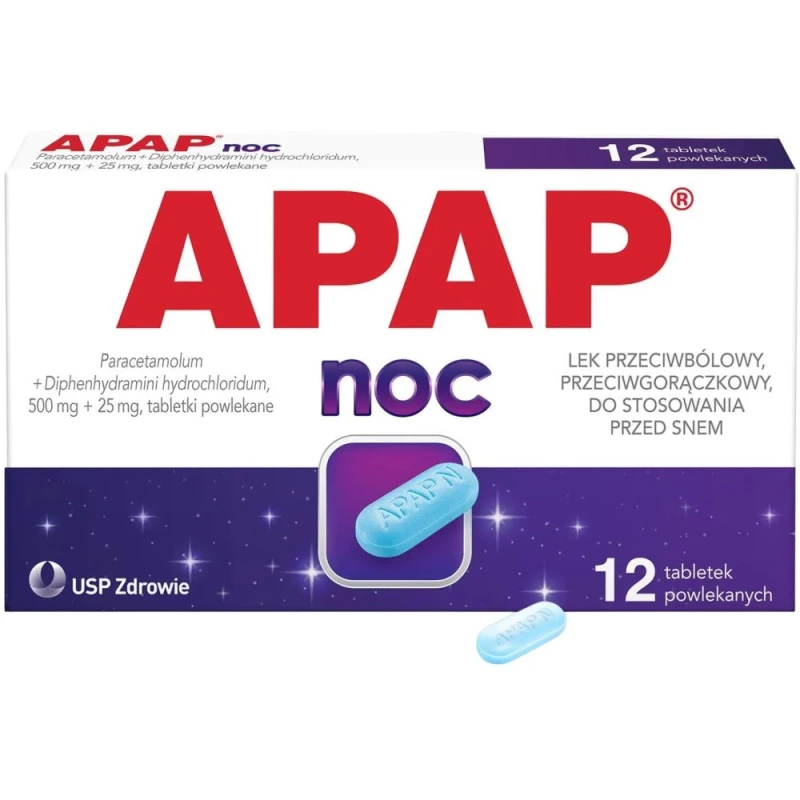 APAP Noc tabletki powlekane, 12 sztuk - Przeciwbólowe ze składnikiem nasennym