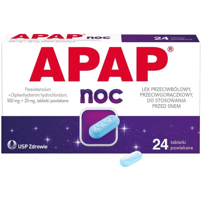 APAP Noc tabletki powlekane, 24 sztuki - Przeciwbólowe ze składnikiem nasennym