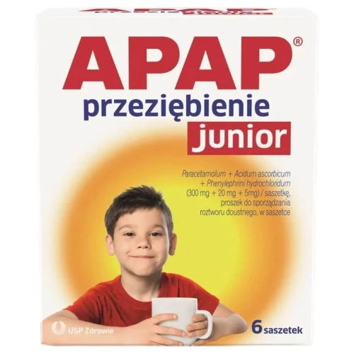 APAP przeziębienie junior saszetki, 6 sztuk - Na objawy przeziębienia i grypy u dzieci od 6. roku życia